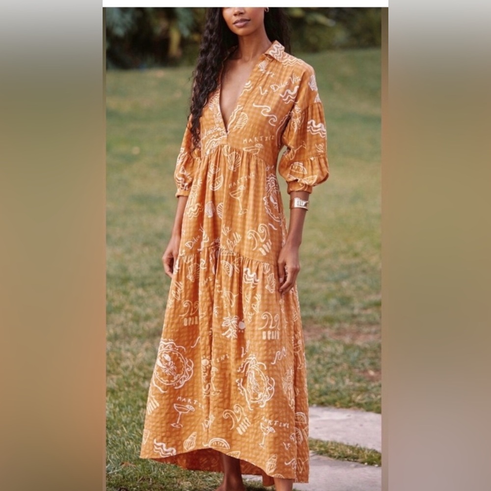 Anthro The Carolita Coastal Printed Tiered Shirt Dress by Celandine Size M